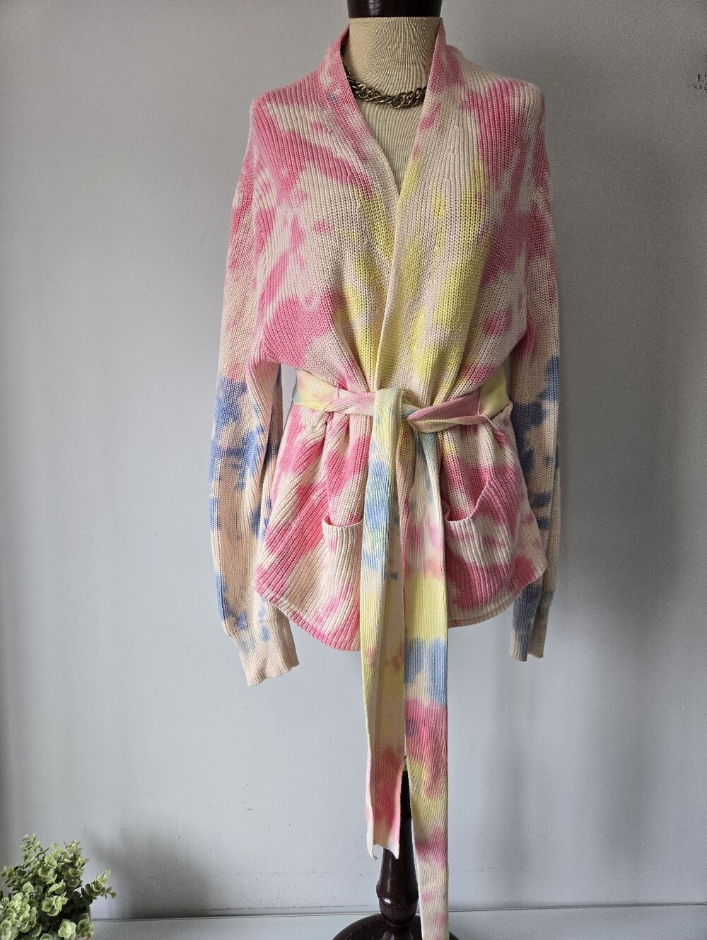 525 America Pastel Tie-Dye Cotton Knit Belted Cardigan. Size Large - Picture 1 of 13